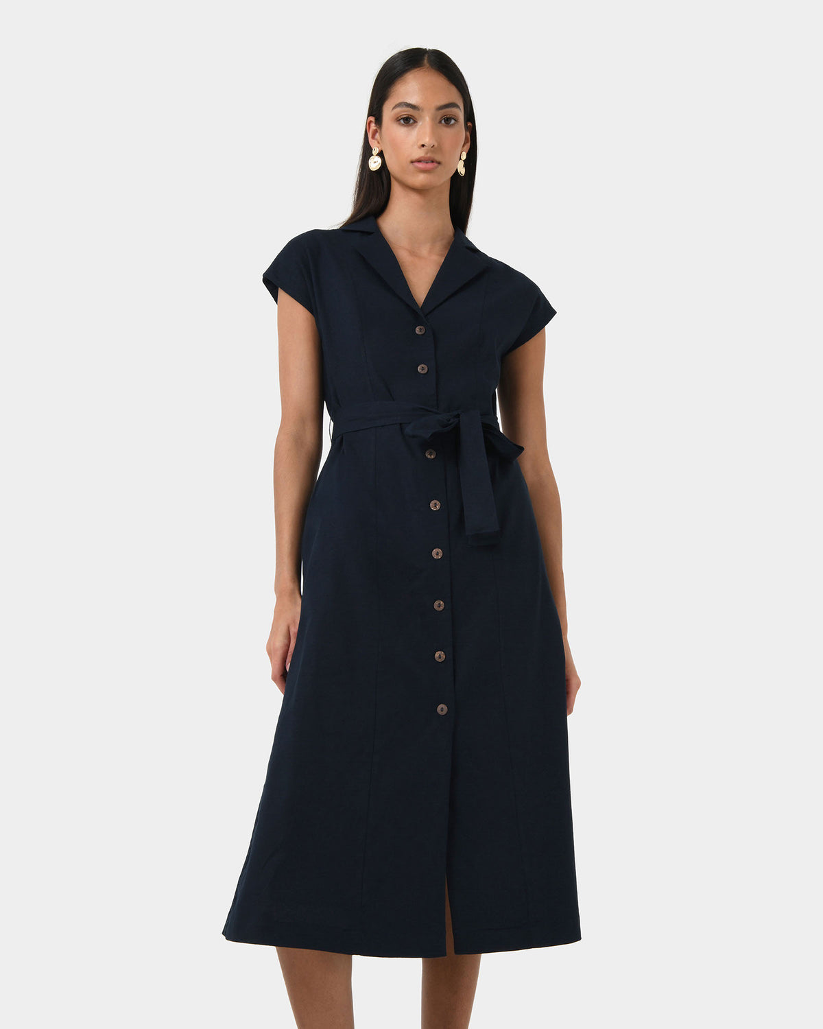 Kade V-neck Linen Dress in navy — close-up view