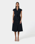 Kade V-neck Linen Dress in navy — full-length view