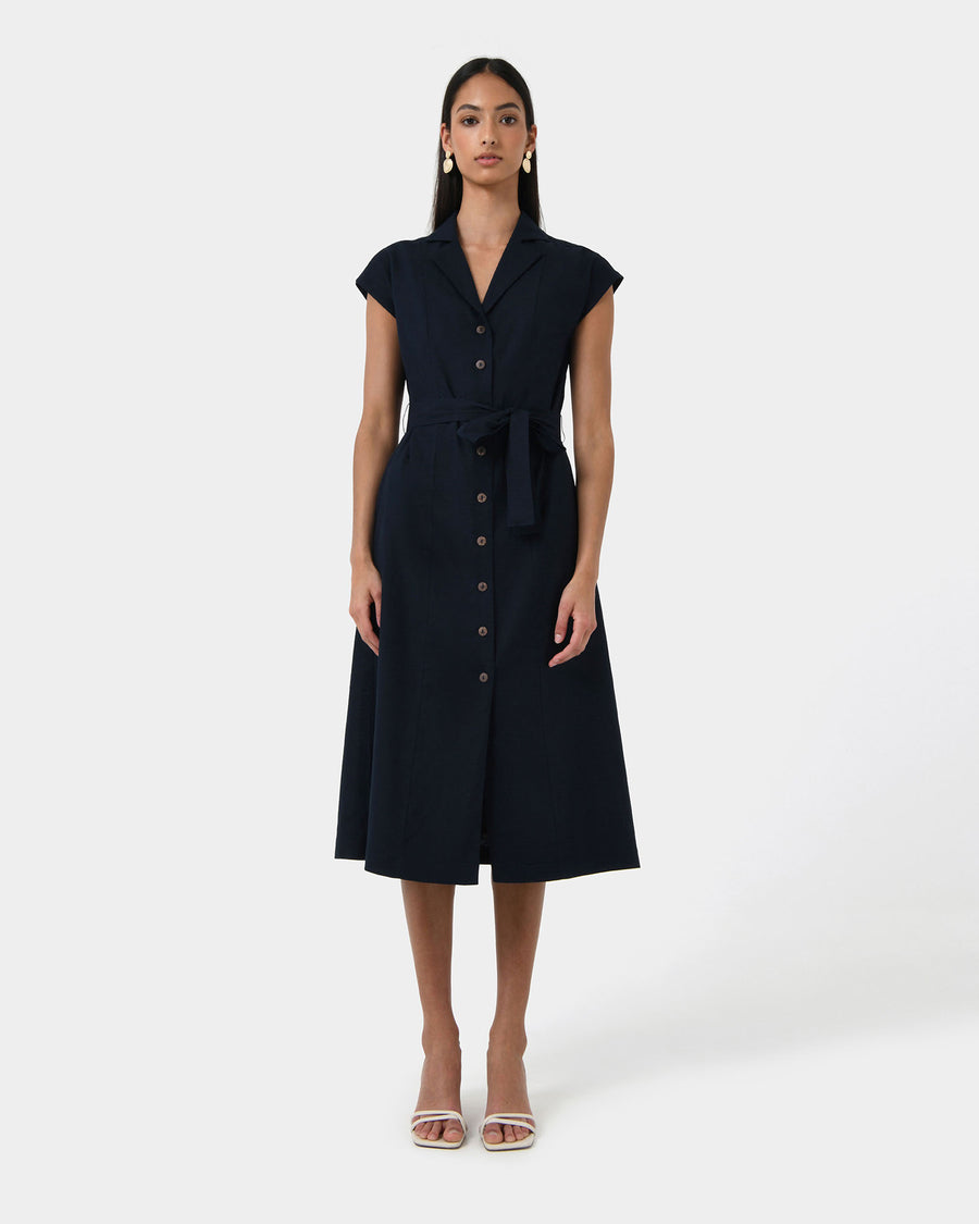 Kade V-neck Linen Dress in navy — full-length view