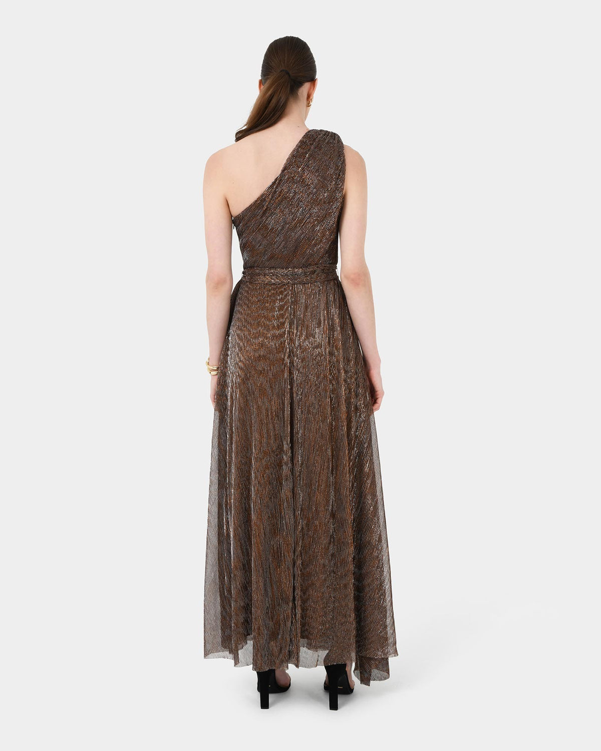 Avah One Shoulder Dress in metallic bronze — back view