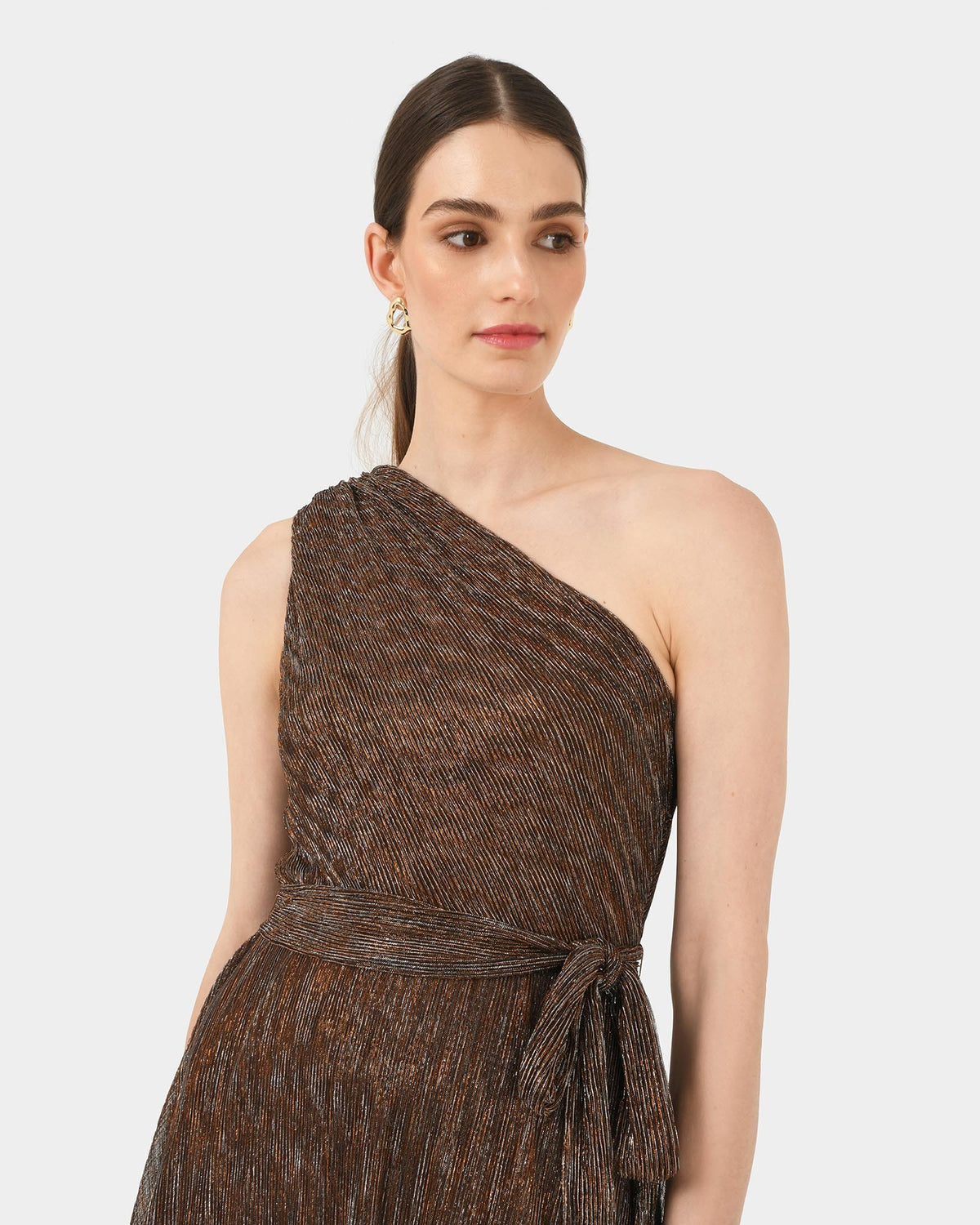 Avah One Shoulder Dress in metallic bronze — close-up view 2