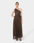 Avah One Shoulder Dress in metallic bronze — full-length view