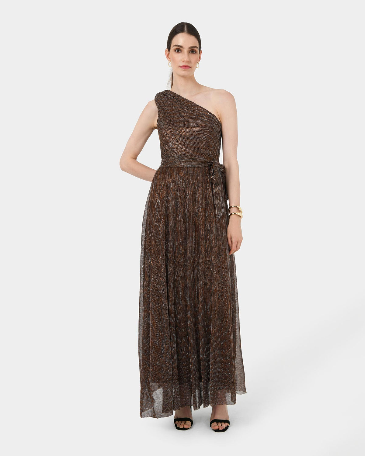 Avah One Shoulder Dress in metallic bronze — full-length view