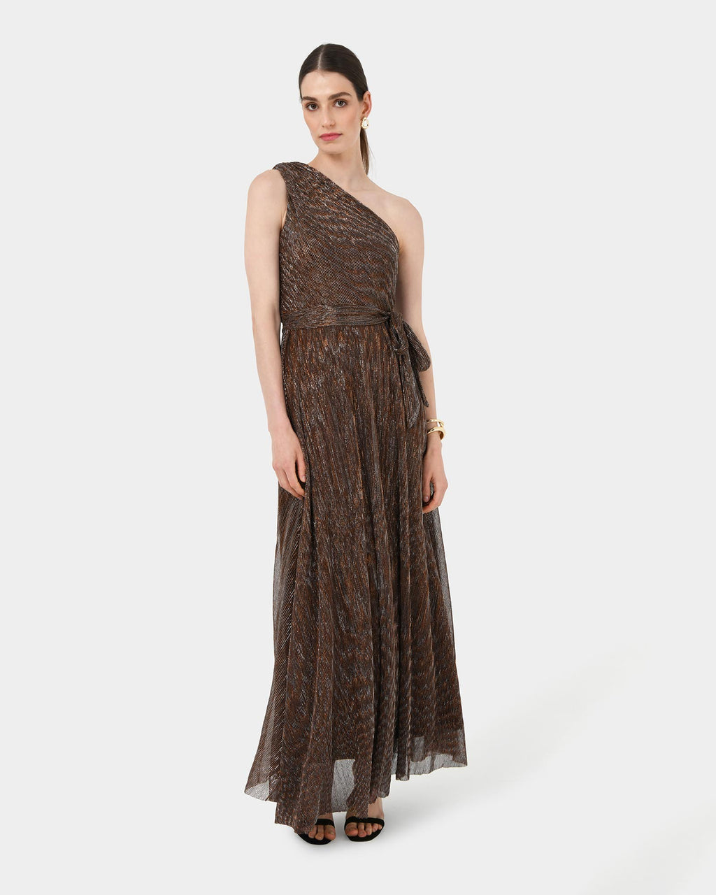 Avah One Shoulder Dress in metallic bronze — side view