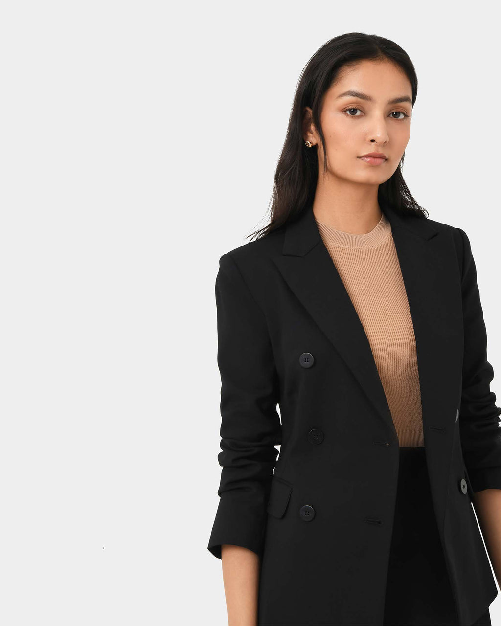 Safira Double Breasted Blazer in black — fabric detail