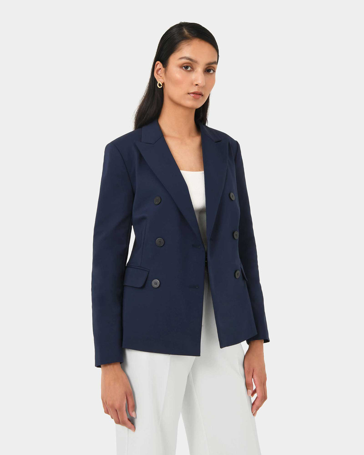 Safira Double Breasted Blazer in navy — close-up view