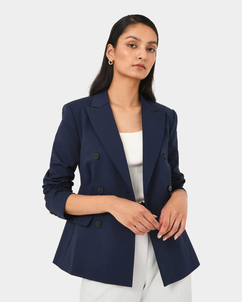 Safira Double Breasted Blazer in navy — close-up view 2