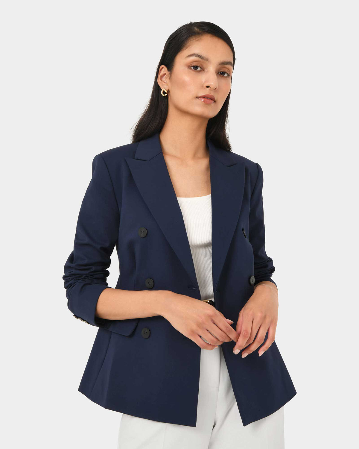 Safira Double Breasted Blazer in navy — close-up view 2