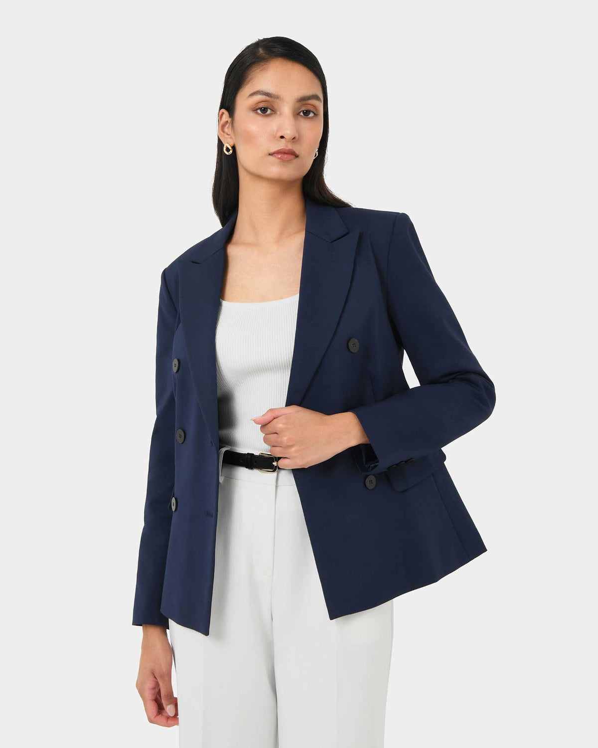 Safira Double Breasted Blazer in navy — close-up view 3