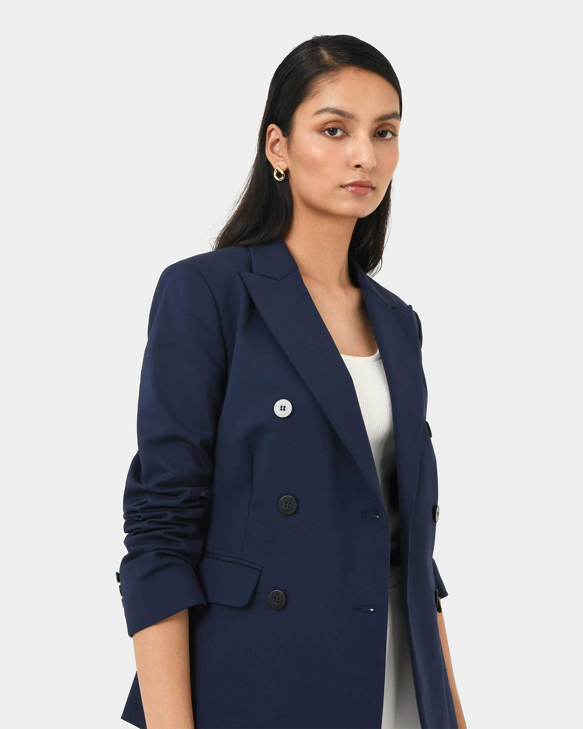 Safira Double Breasted Blazer in navy — fabric detail