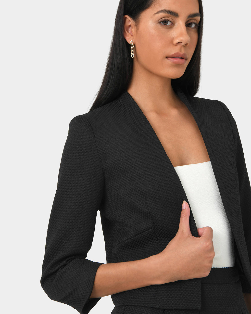 Harriet Jacquard Crop Jacket in black — fabric detail