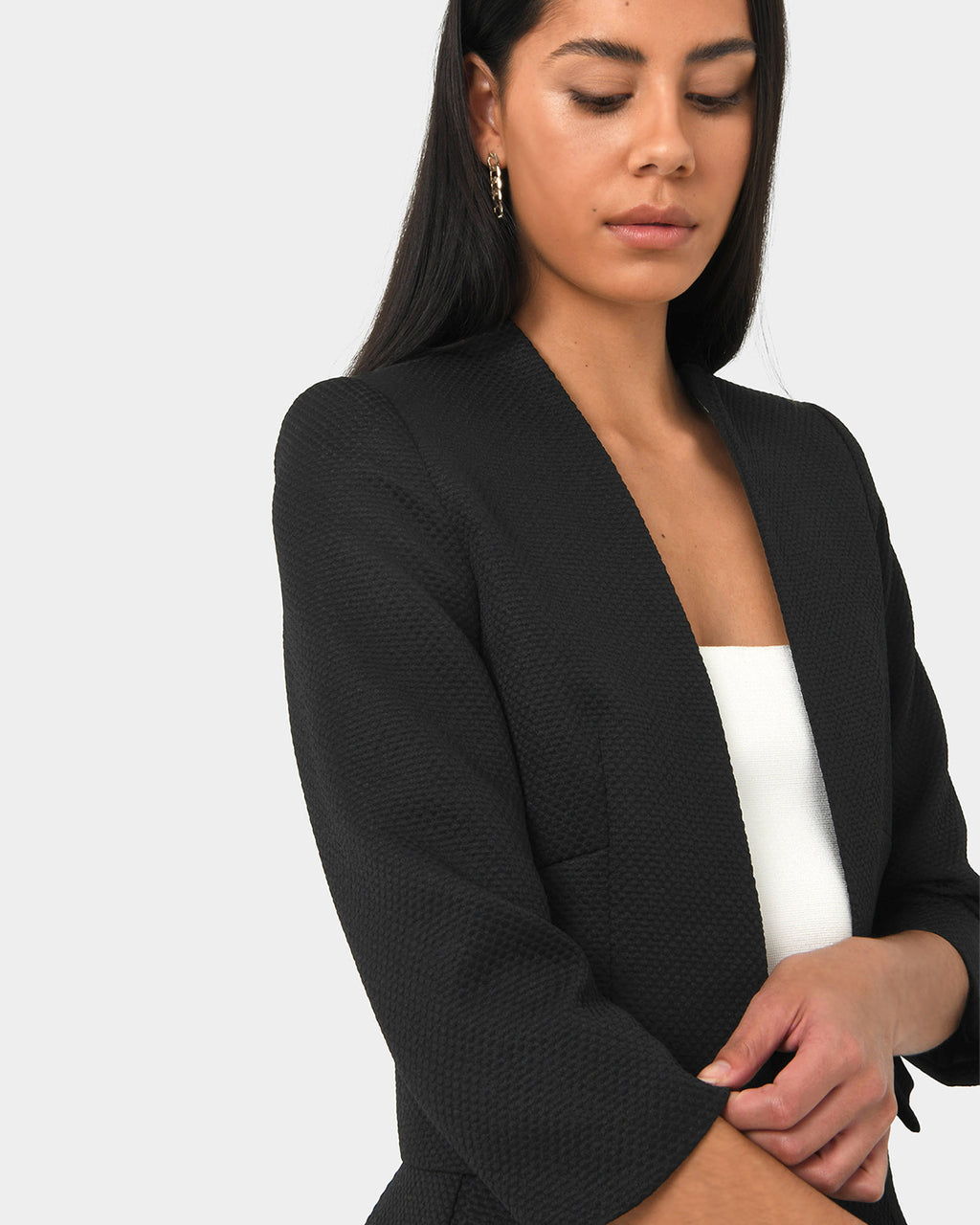 Harriet Jacquard Crop Jacket in black — fabric detail 2