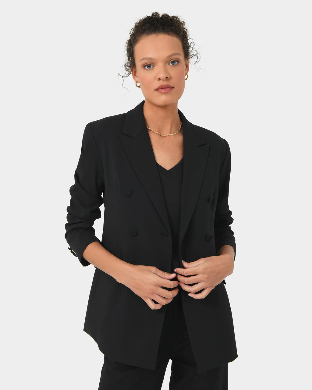 Emani Double Breasted Blazer in black — close-up view 2