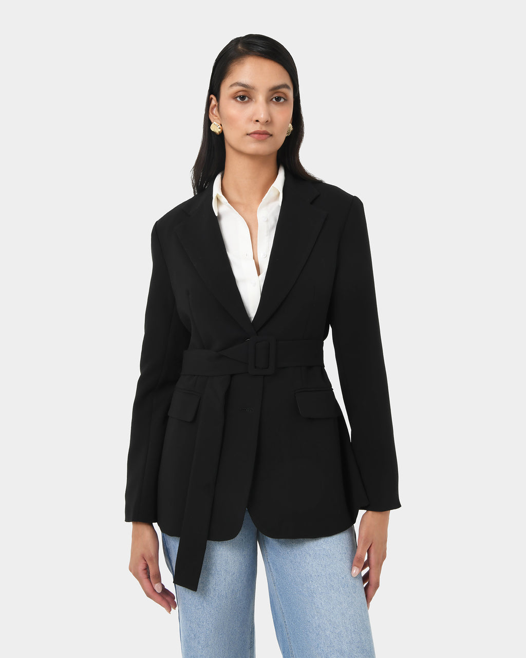 Patricia Belted Blazer in black — close-up view