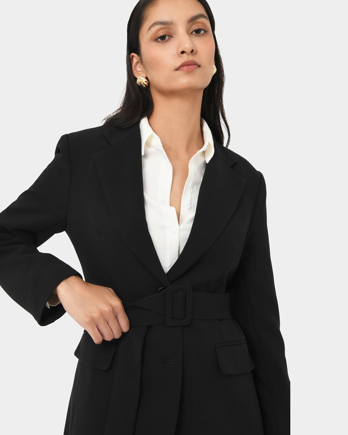 Patricia Belted Blazer in black — fabric detail