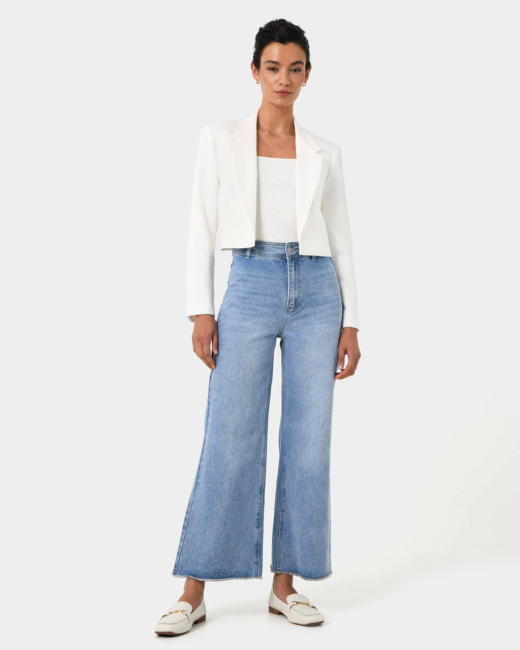 Nikki Cropped Blazer in ivory — full-length view 2