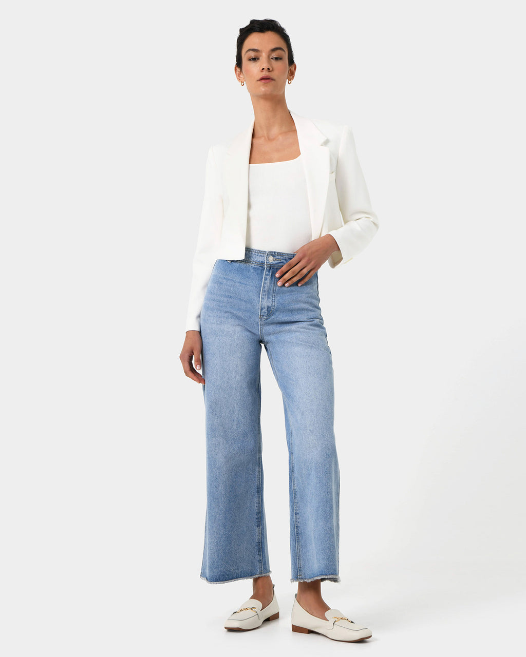 Nikki Cropped Blazer in ivory — full-length view 3
