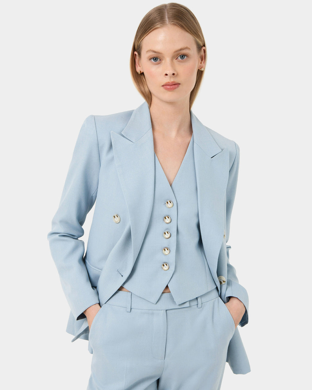 Lola Double Breasted Jacket in celestial blue — close-up view