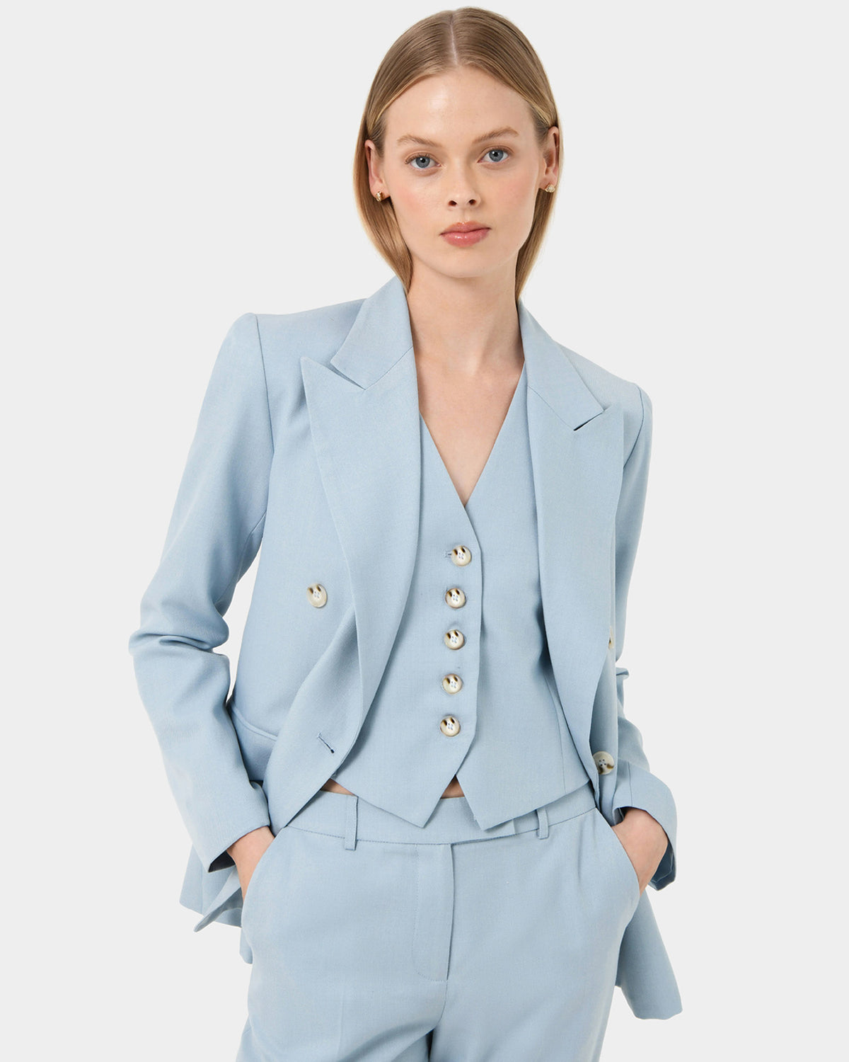 Lola Double Breasted Jacket in celestial blue — close-up view