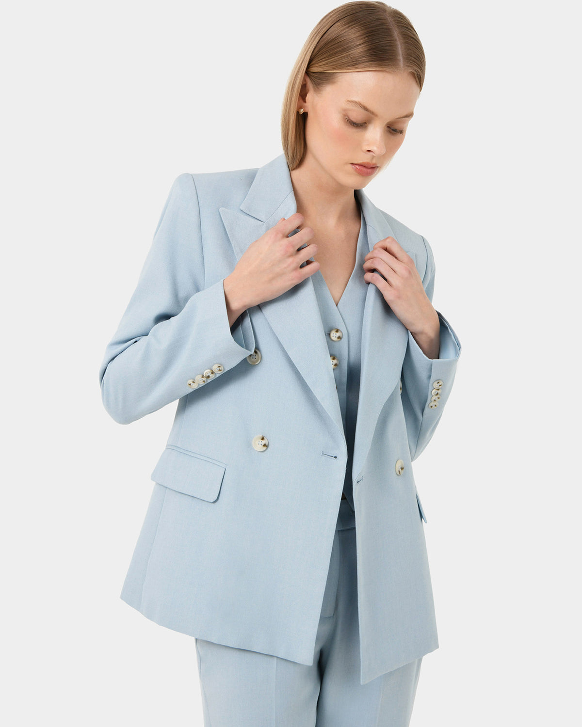 Lola Double Breasted Jacket in celestial blue — close-up view 2
