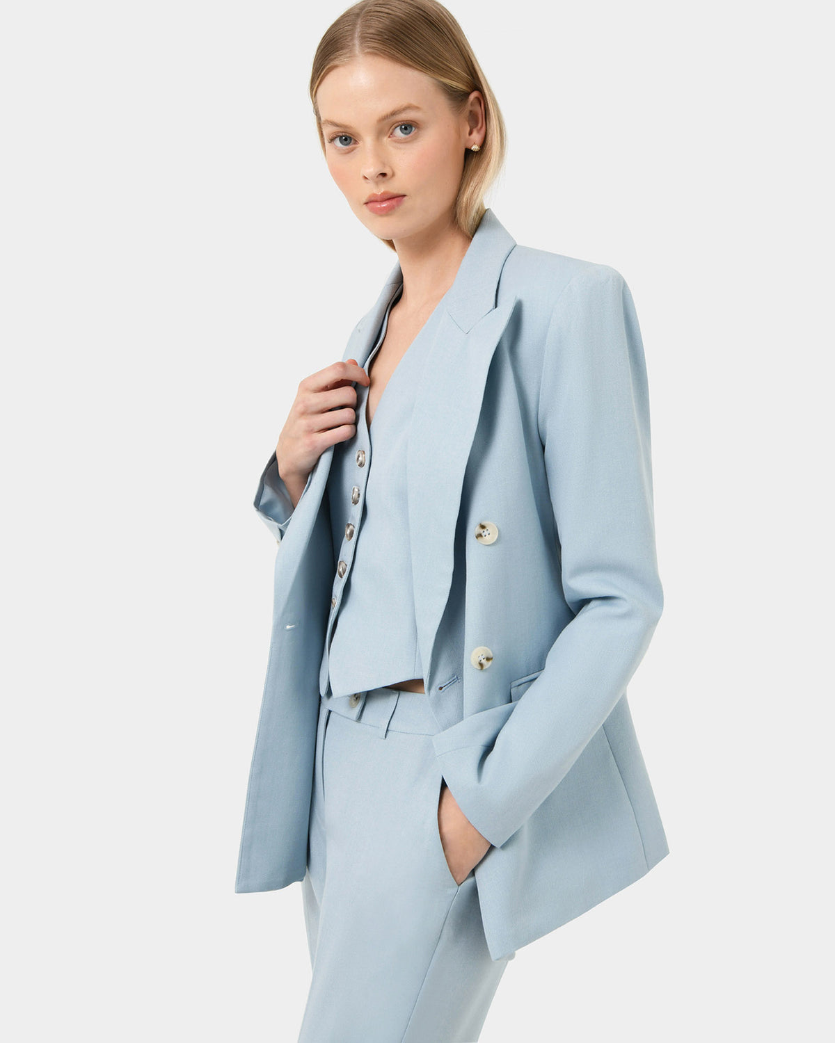 Lola Double Breasted Jacket in celestial blue — side view