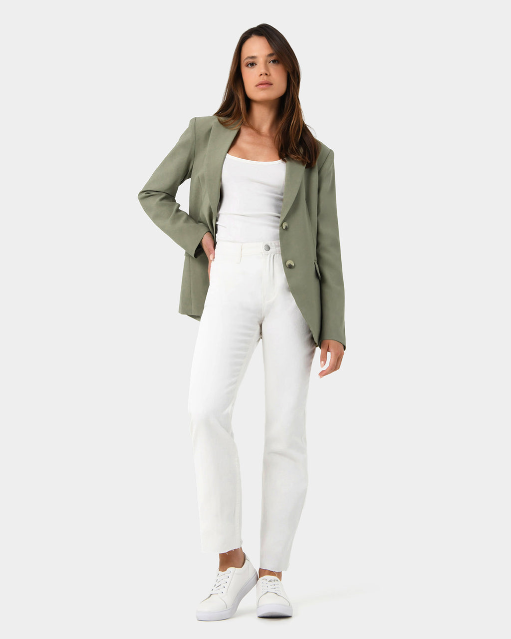 Janis Single Breasted Blazer in light khaki — full-length view