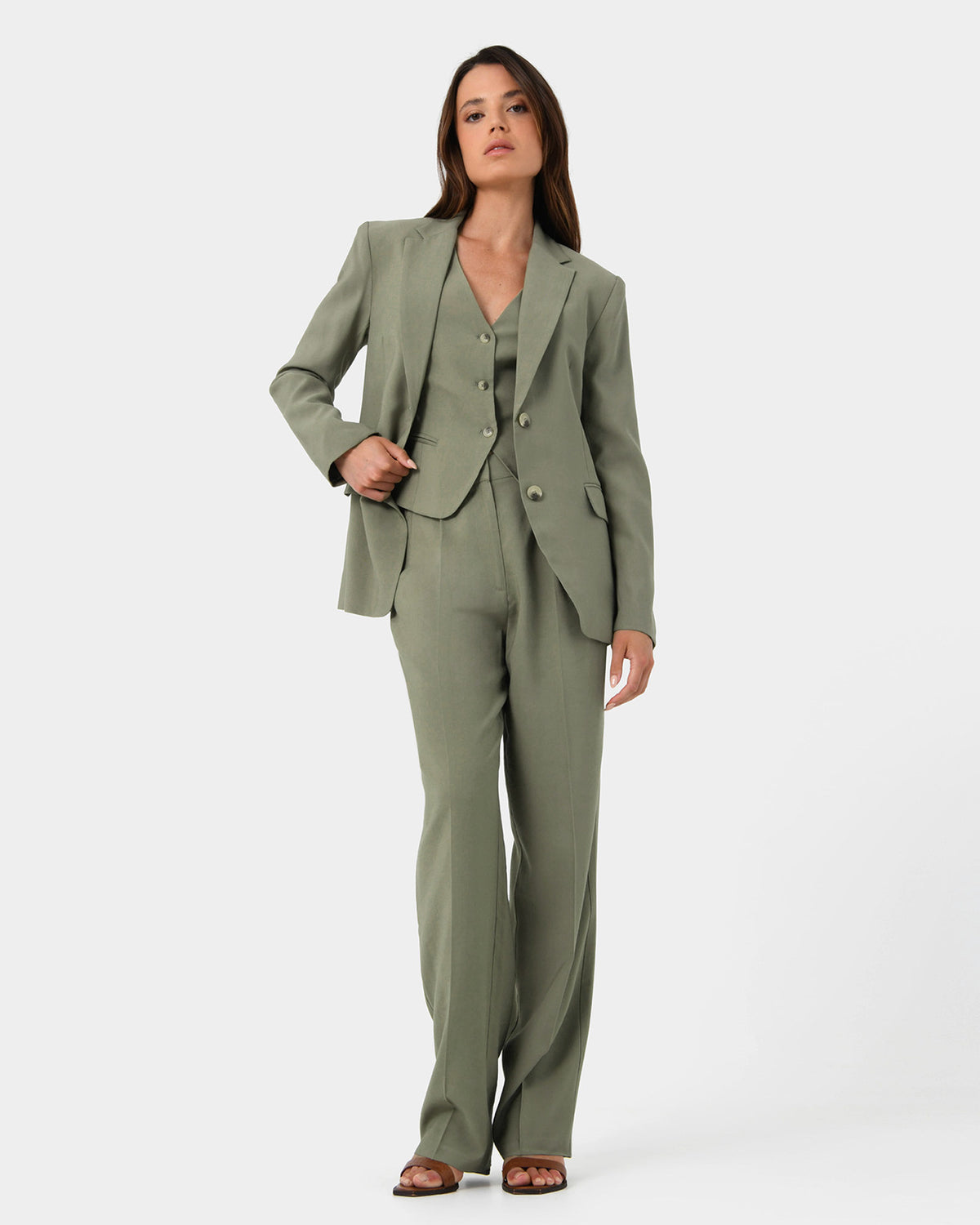 Janis Single Breasted Blazer in light khaki — full-length view 2