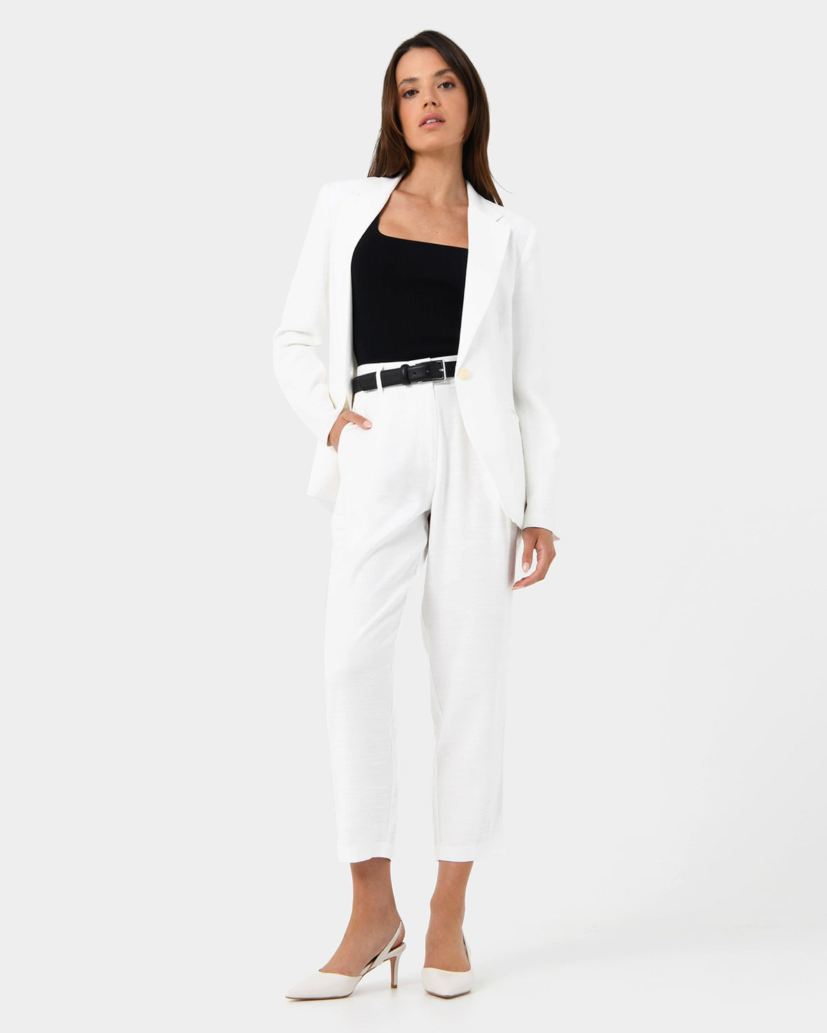 Indigo Single Breasted Blazer in white — full-length view