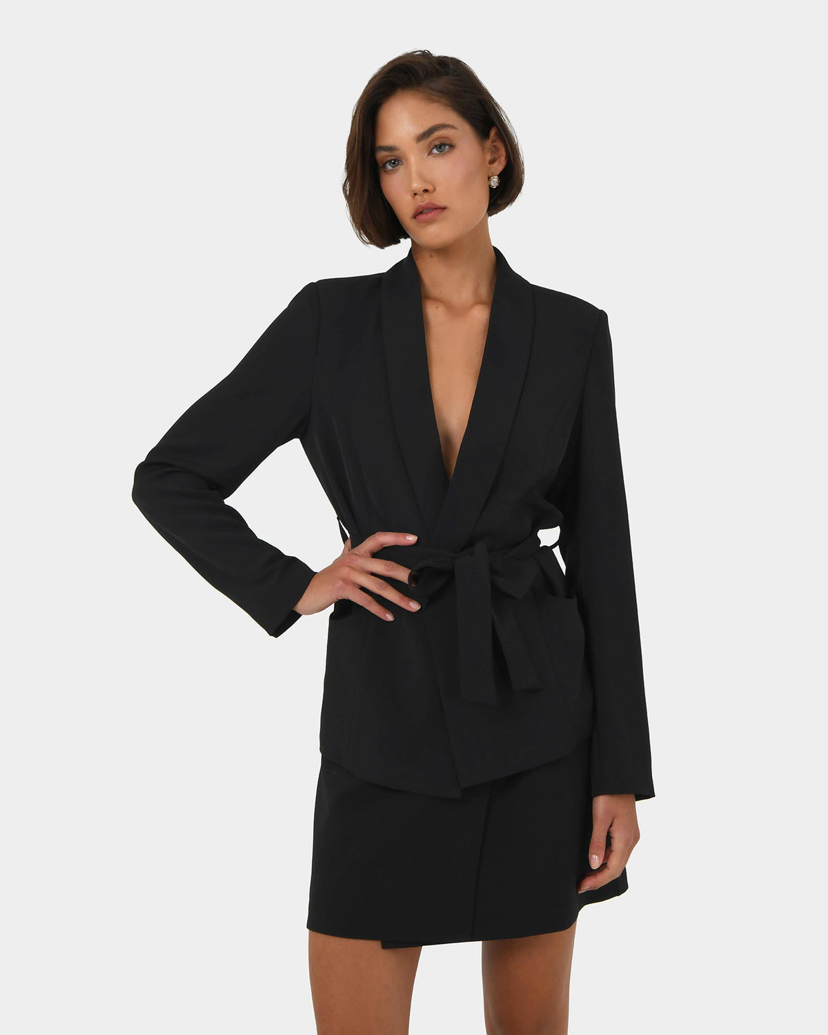 Rain Belted Blazer in black — close-up view
