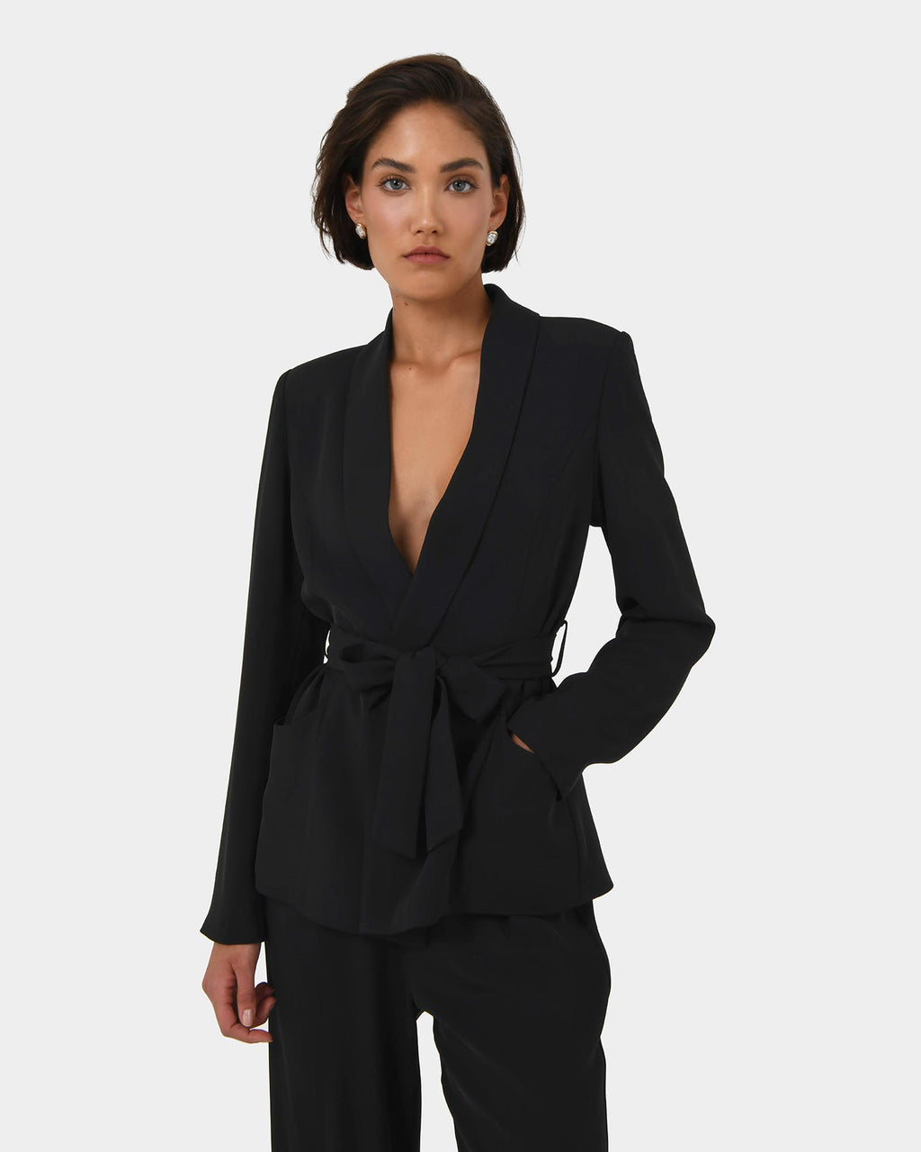 Rain Belted Blazer in black — close-up view 2