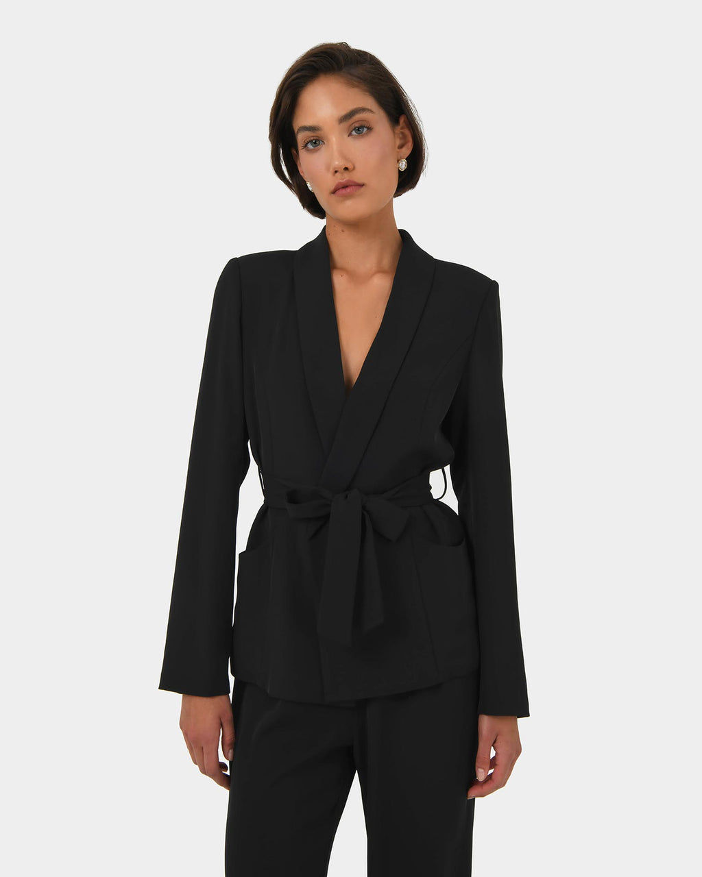 Rain Belted Blazer in black — close-up view 3