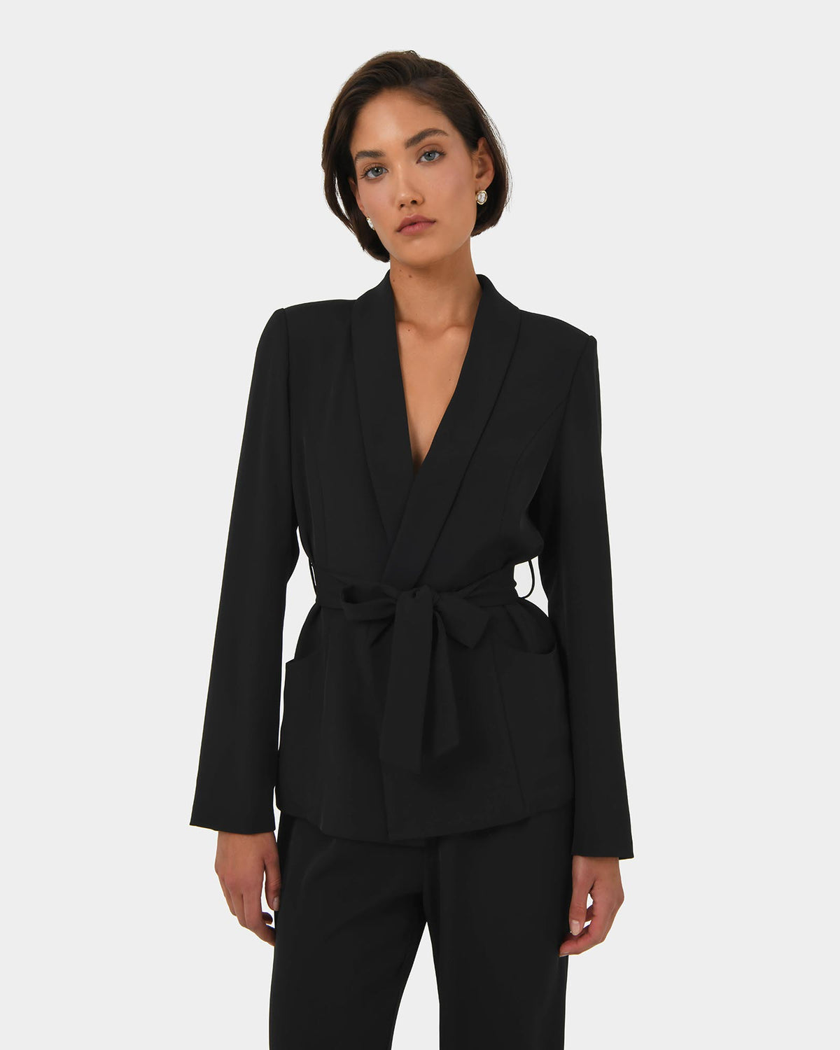 Rain Belted Blazer in black — close-up view 3