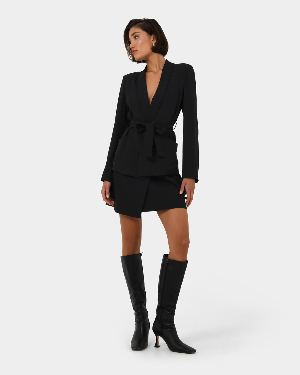 Rain Belted Blazer in black — full-length view
