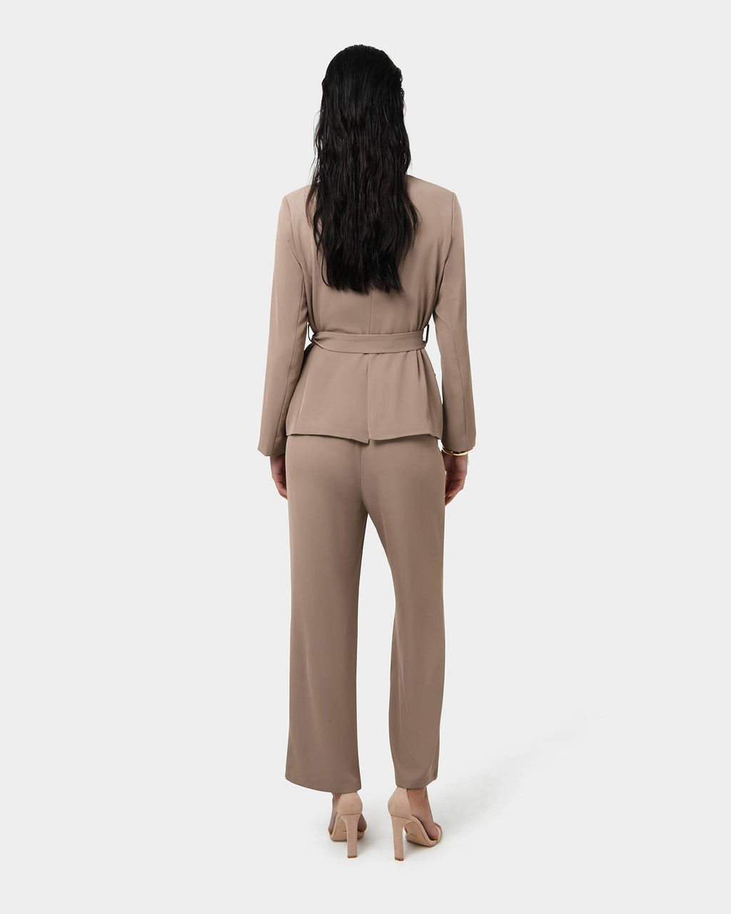 Rain Belted Blazer in camel — back view