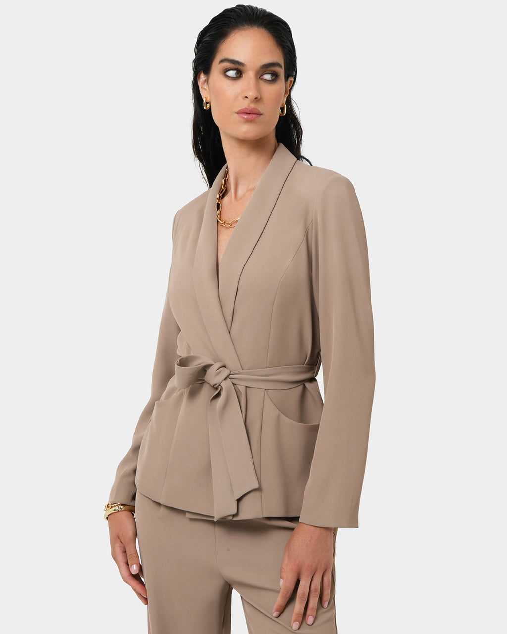 Rain Belted Blazer in camel — close-up view