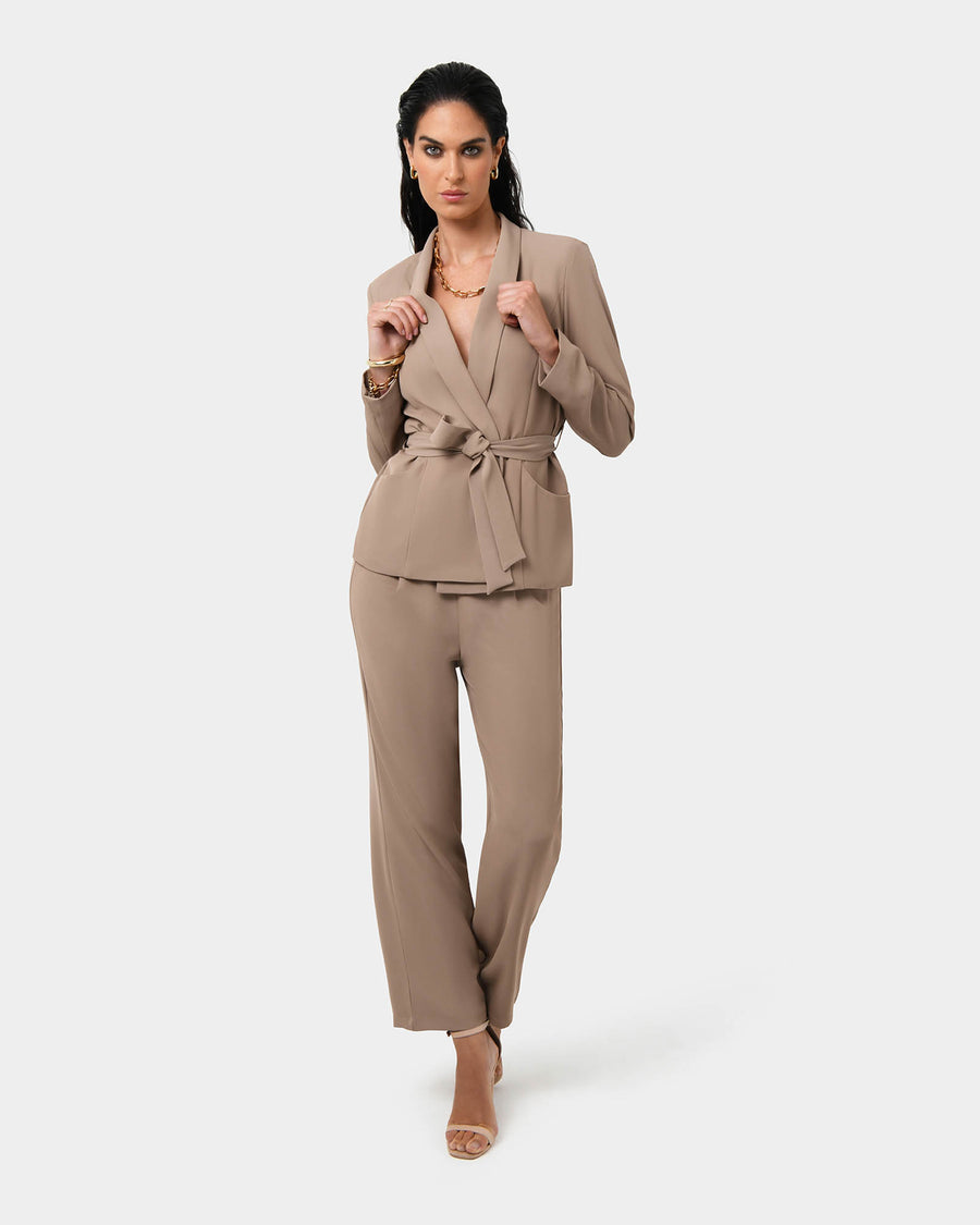 Rain Belted Blazer in camel — full-length view
