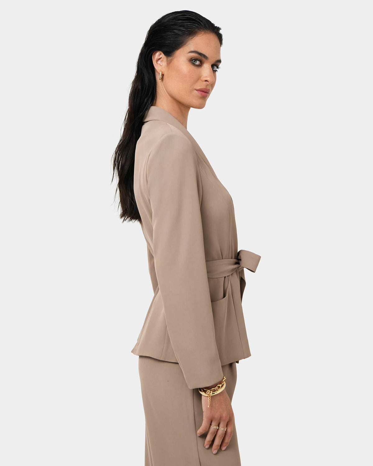 Rain Belted Blazer in camel — side view