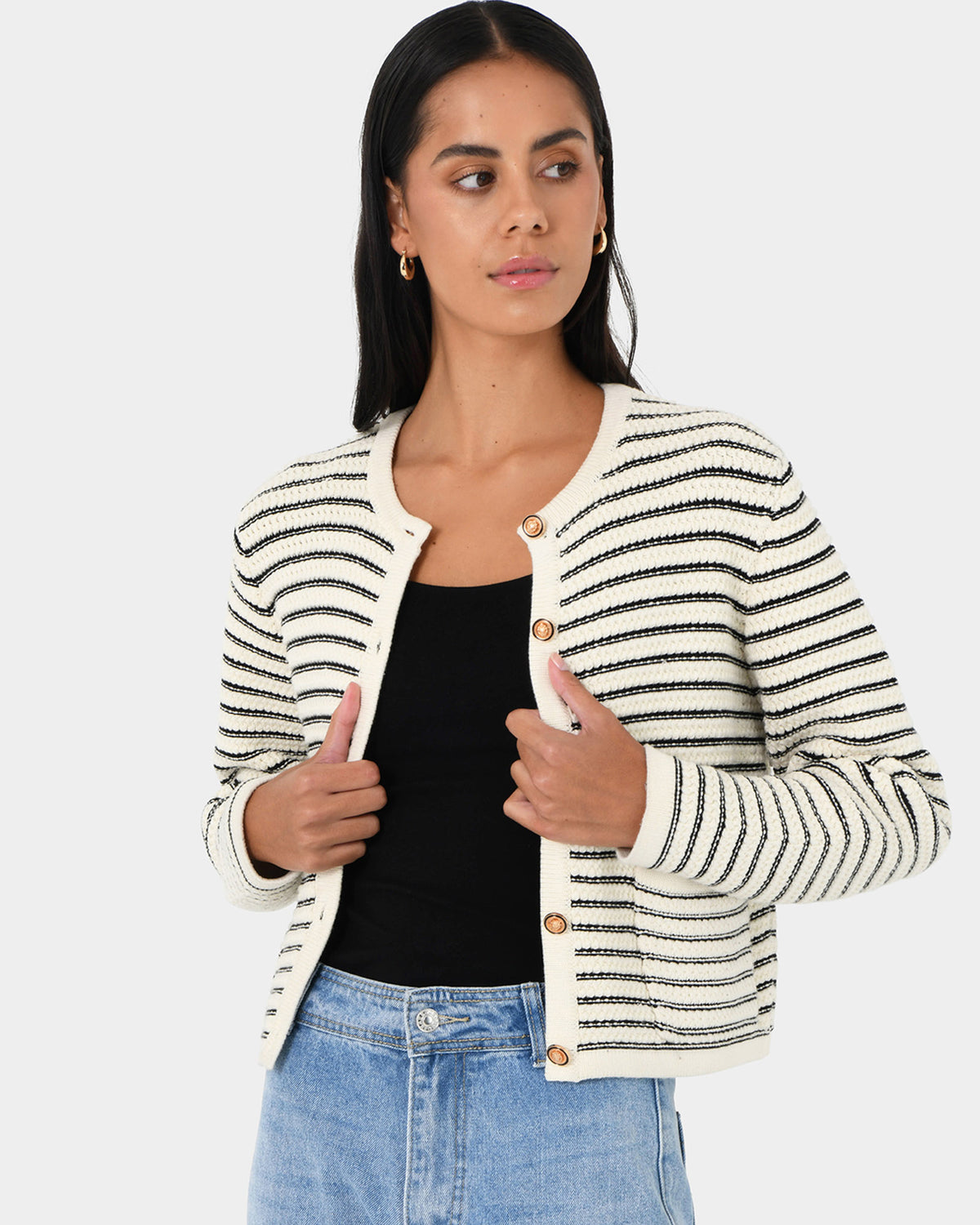 Hollis Texture Stripe Cardigan in ivory — close-up view