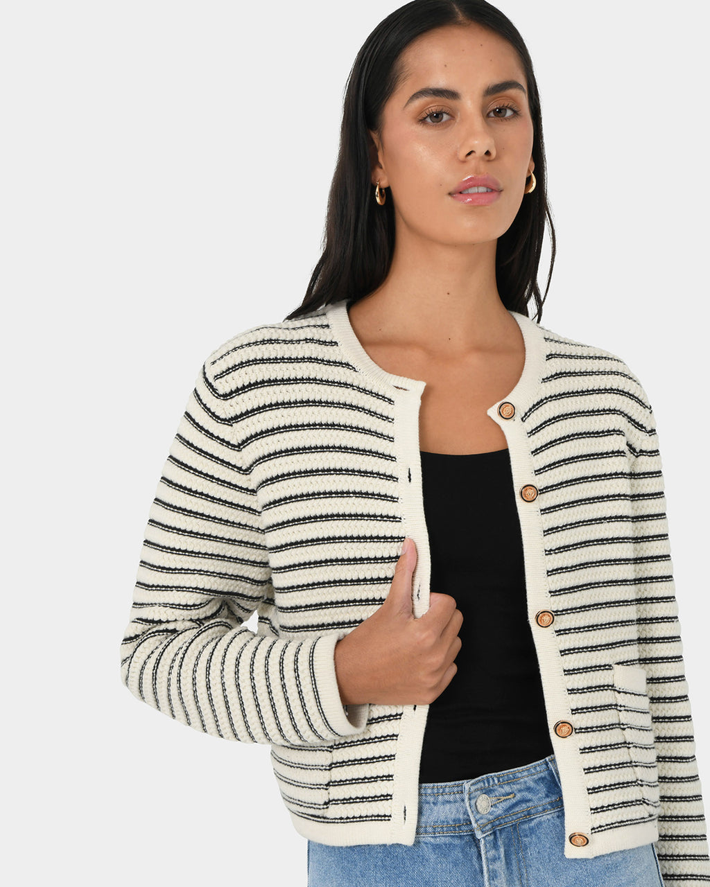 Hollis Texture Stripe Cardigan in ivory — close-up view 3