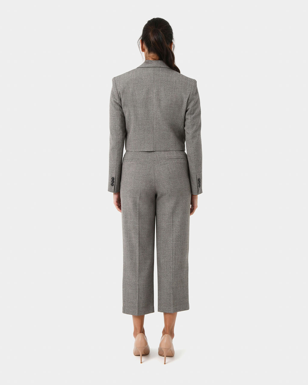 Kai Checked Crop Blazer in beige black — back view