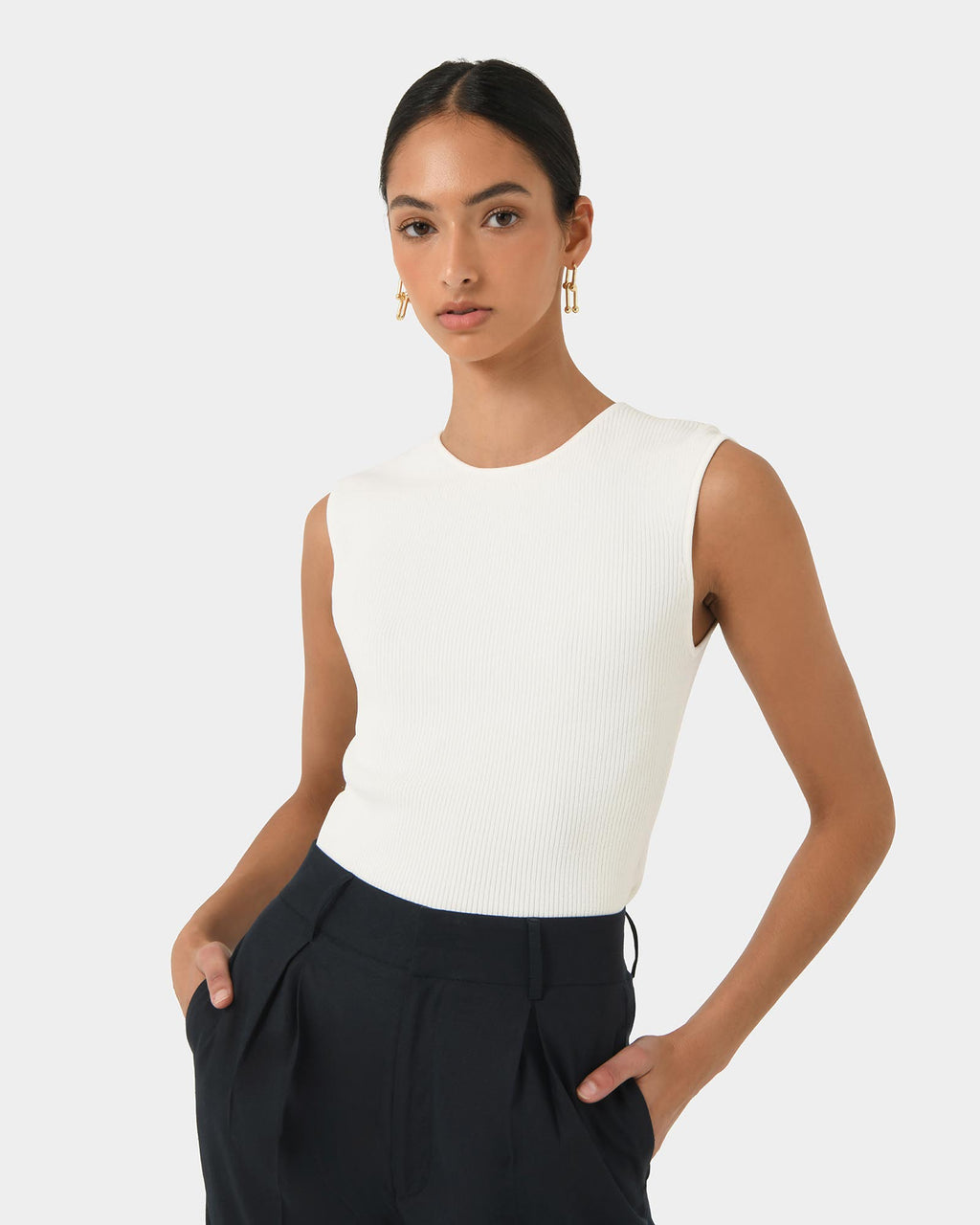 Viviana Sleeveless Knit Top in ivory — close-up view