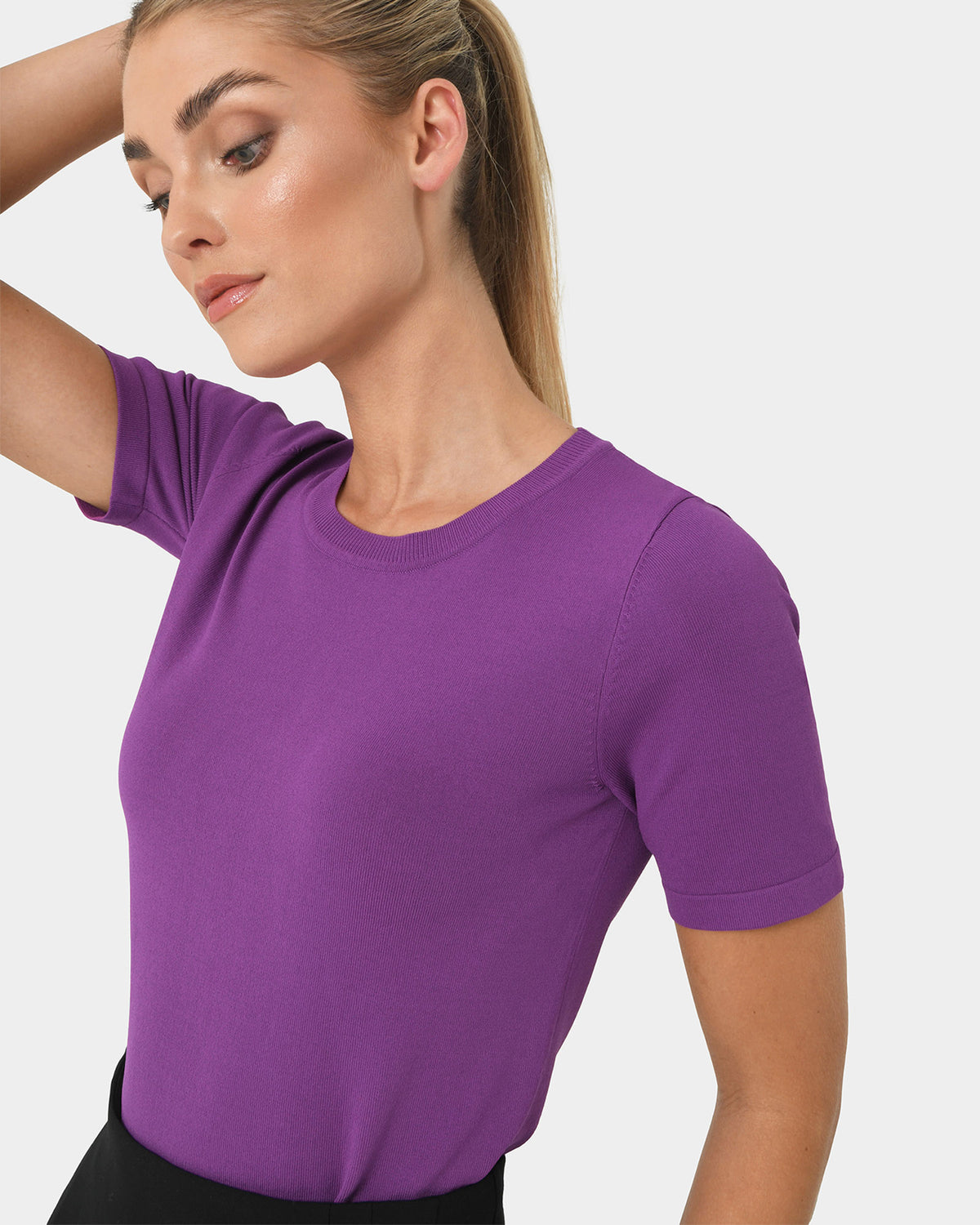 Cindy Short Sleeve Knit Top in grape — close-up view