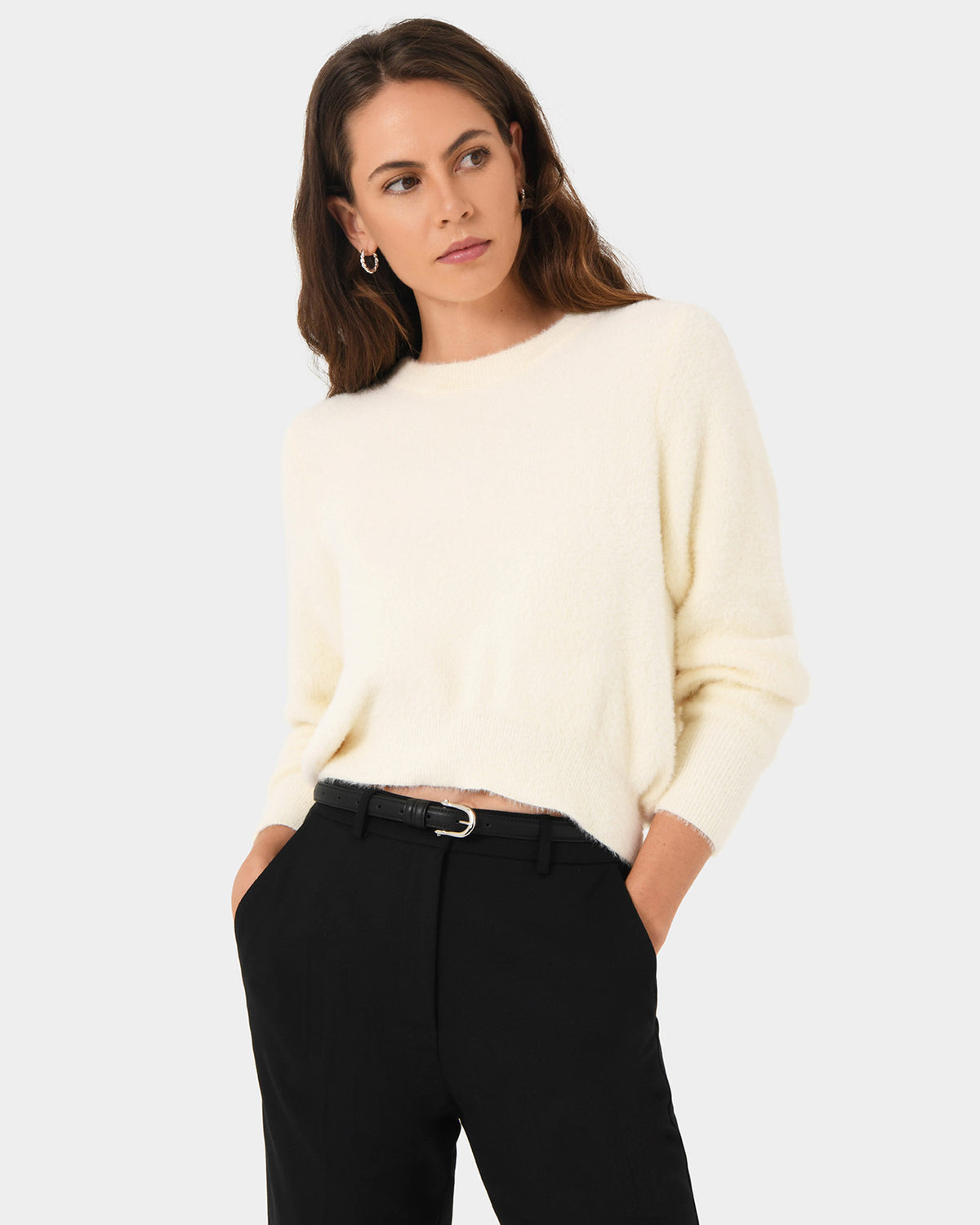 Haisley Fluffy Crewneck Knit in ivory — close-up view 2
