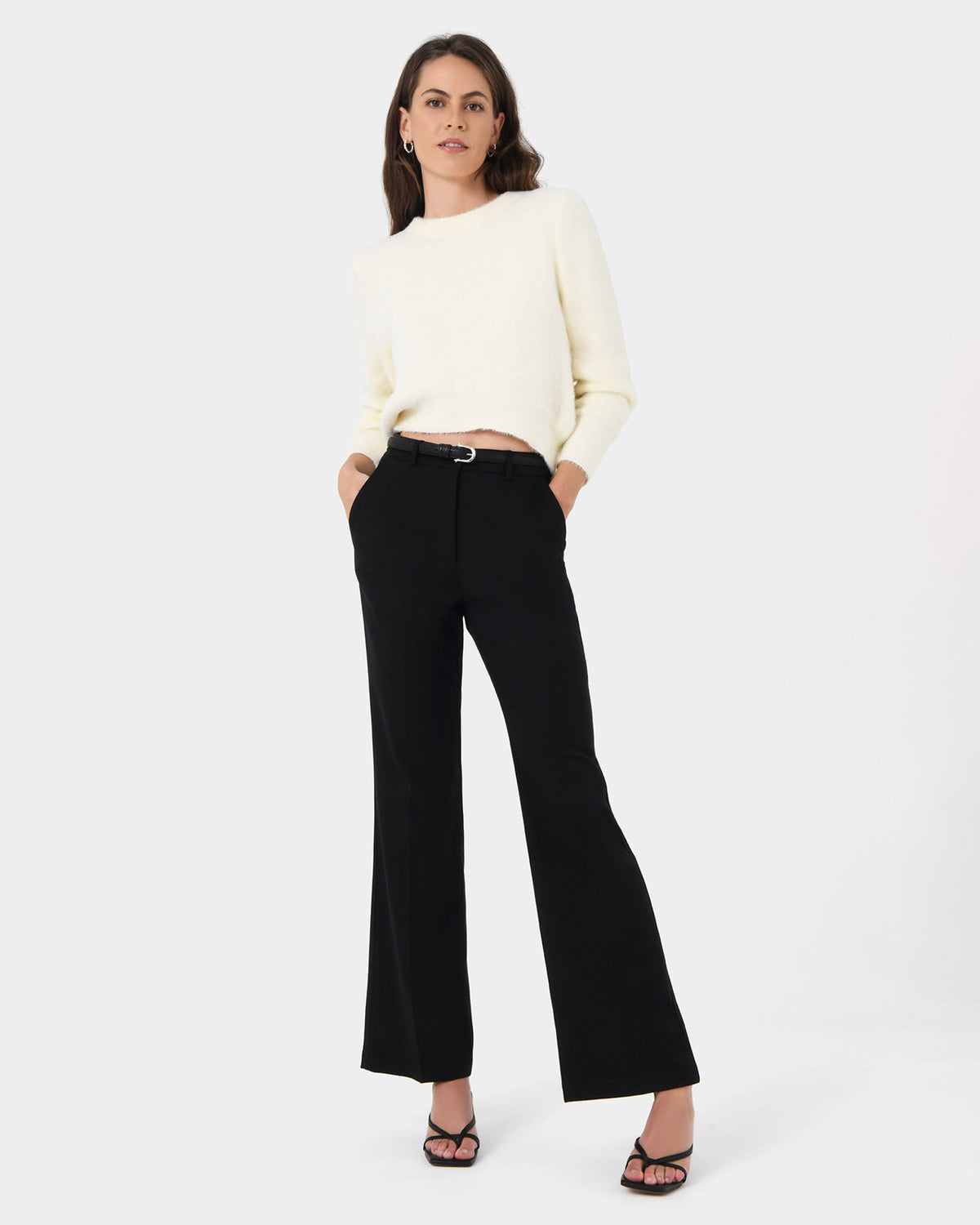 Haisley Fluffy Crewneck Knit in ivory — full-length view