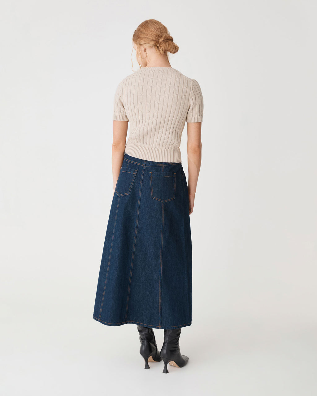 Anita Short Sleeve Cable Knit in light taupe — back view
