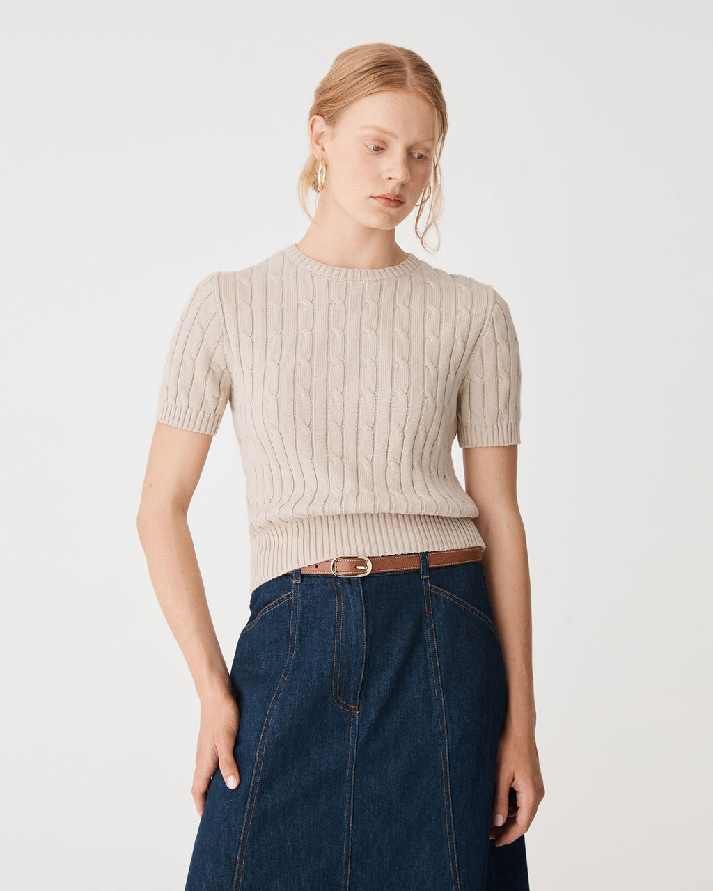 Anita Short Sleeve Cable Knit in light taupe — close-up view