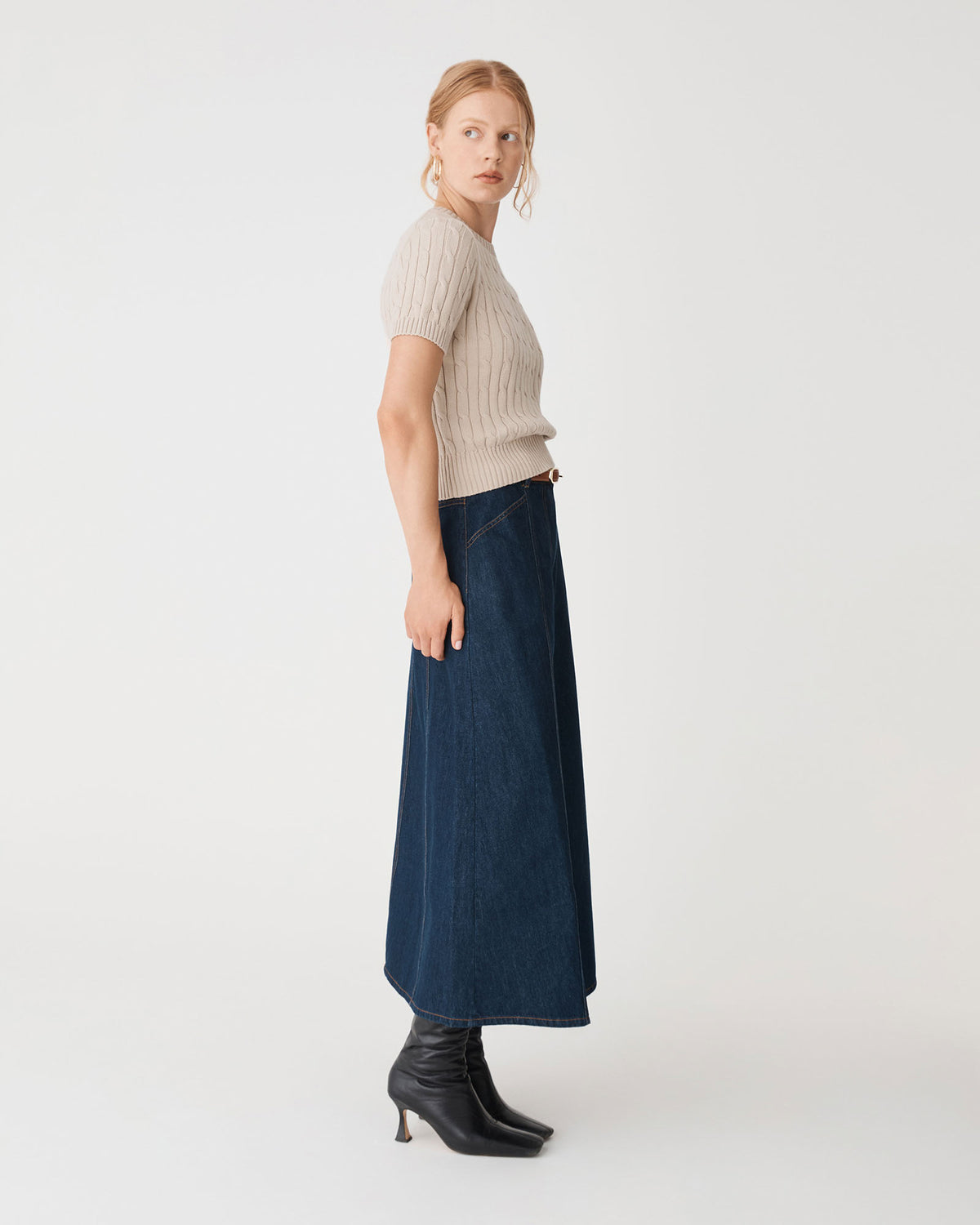 Anita Short Sleeve Cable Knit in light taupe — side view