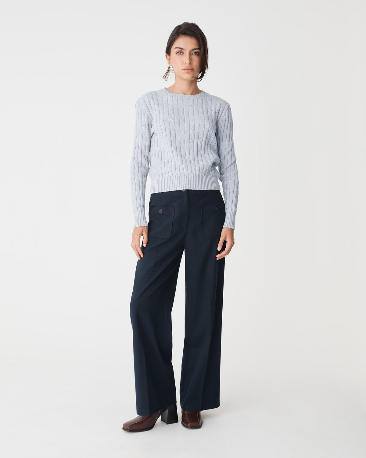 Juanita Cotton Cable Knit in ash marle — full-length view