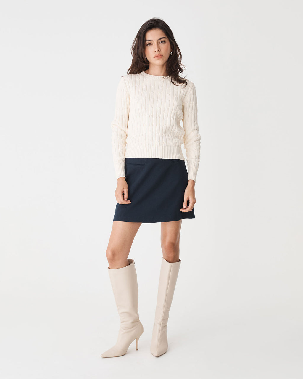 Juanita Cotton Cable Knit in ecru — full-length view
