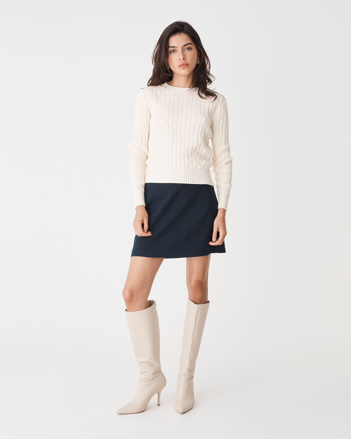 Juanita Cotton Cable Knit in ecru — full-length view